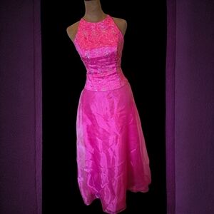 Blondie Nites Vintage Y2K Vibrant Pink 2 Piece Halter Dress Corset Back Size 3